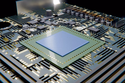 Primer plano de un chip electrónico, relacionado con memoria y semiconductores para IA