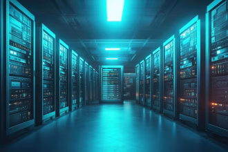 Centro de datos con filas de servidores para cargas de inteligencia artificial