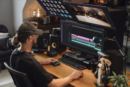 Editor de vídeo trabajando frente a una pantalla de posproducción
