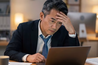 Directivo cansado frente a un portátil como imagen temática sobre reestructuración laboral y tecnología