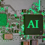 Chip de inteligencia artificial iluminado sobre una placa de circuito