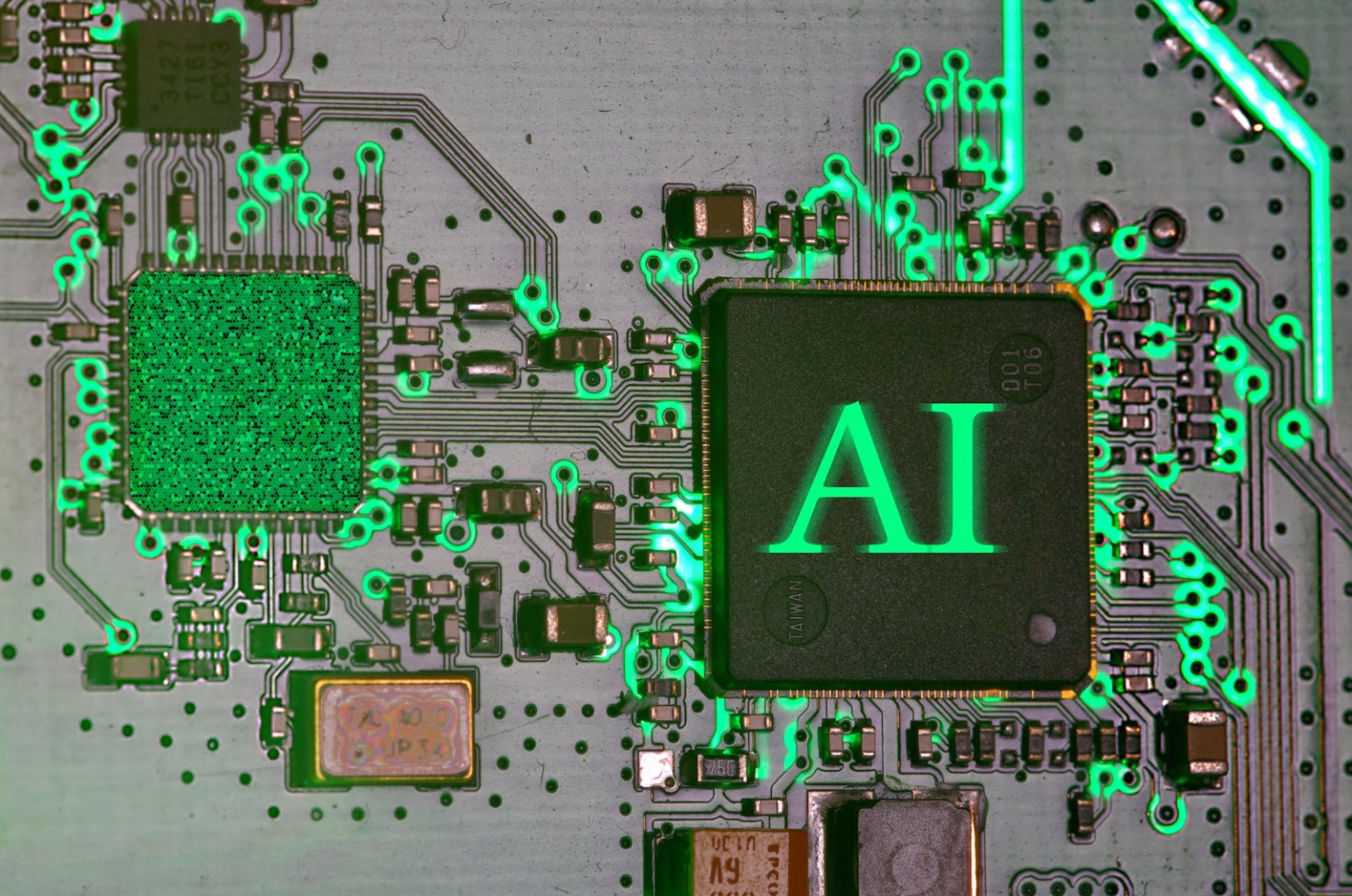 Chip de inteligencia artificial iluminado sobre una placa de circuito