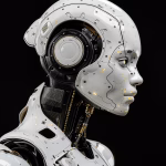 Rostro de robot humanoide blanco sobre fondo oscuro
