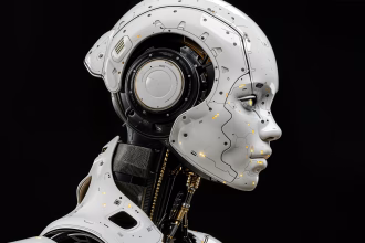 Rostro de robot humanoide blanco sobre fondo oscuro