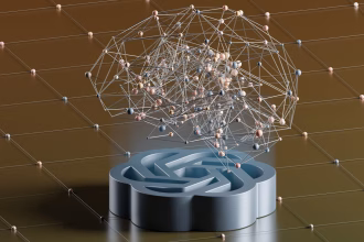 Imagen abstracta de una red de inteligencia artificial sobre un portátil