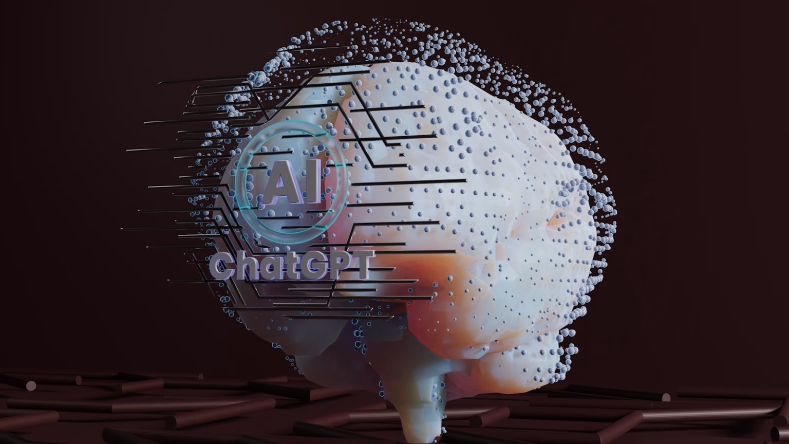 Imagen digital de un cerebro artificial asociado a herramientas de IA