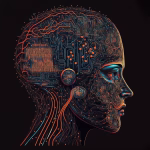 Ilustracion de un rostro robotico con circuitos que representa inteligencia artificial cientifica