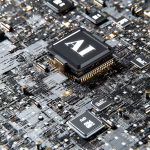 Chip de inteligencia artificial sobre una placa con servidores al fondo