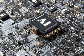 Chip de inteligencia artificial sobre una placa con servidores al fondo