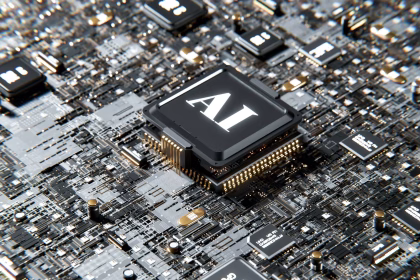 Chip de inteligencia artificial sobre una placa con servidores al fondo