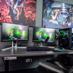 Mesa de videojuegos y streaming con pantalla y mandos para ilustrar la creator economy