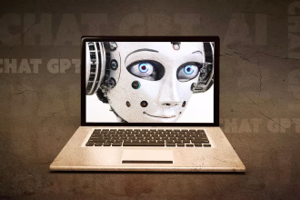 Ordenador con imagen de inteligencia artificial, recurso temático para una startup de razonamiento de IA.