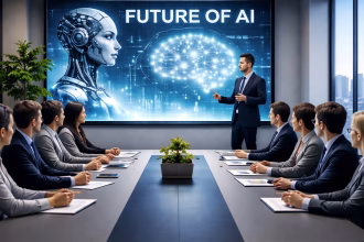 Presentación corporativa sobre inteligencia artificial, imagen temática para GPT-6 Astra y agentes de IA.