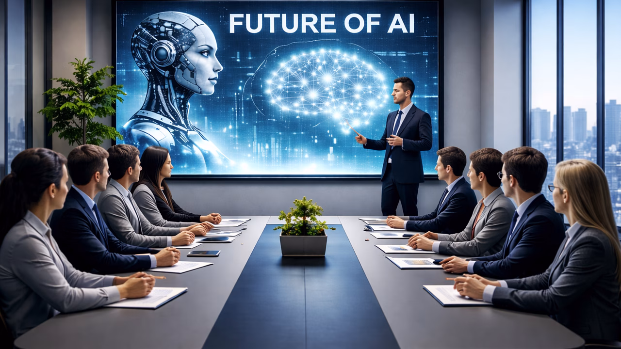 Presentación corporativa sobre inteligencia artificial, imagen temática para GPT-6 Astra y agentes de IA.
