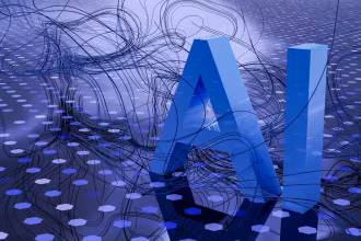 Visualización abstracta de inteligencia artificial en tonos azules