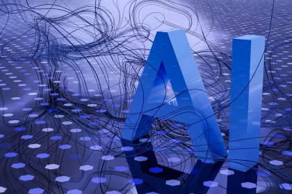 Visualización abstracta de inteligencia artificial en tonos azules
