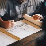Mesa de arquitectura con planos, regla y herramientas de diseño.