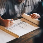 Profesionales revisando planos de un proyecto de construcción